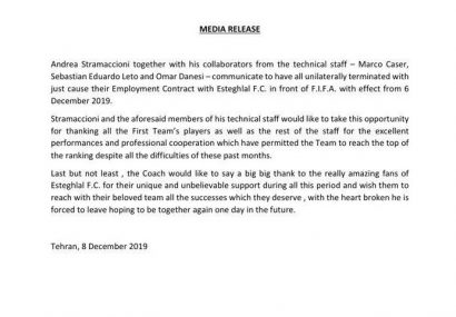 «آندره آ استراماچونی» با انتشار بیانیه‌ای، به همراه دستیاران خود به طور یک‌طرفه قرارداد خود را با باشگاه استقلال فسخ کردند